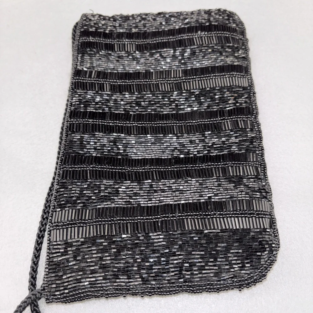 Vintage Andre Cellini Black Bugle Beaded Evening Bag Corded Shoulder Strap EUC